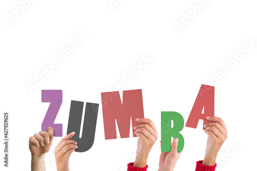 Digital png illustration of hands holding zumba text on transparent background