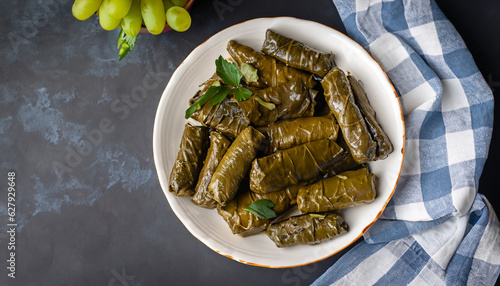 Dolma - stuffed grape leaves with rice and meat on a dark background, view from above, copy space. Traditional Greek, Caucasian and Turkish cuisine