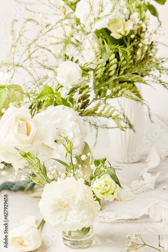 Eustoma, rose, gypsophila flowers. Cozy home, biophilic interior, harmonious place, wedding design table concept