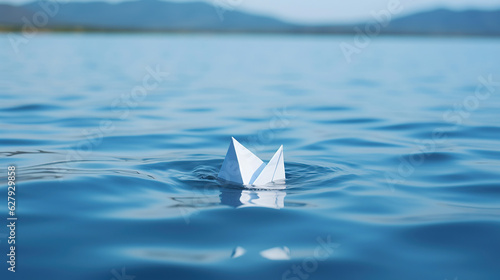 With the clear blue water as the backdrop, the close-up captures the beauty of nature and the sense of freedom evoked by the delicate paper boat. © rorozoa
