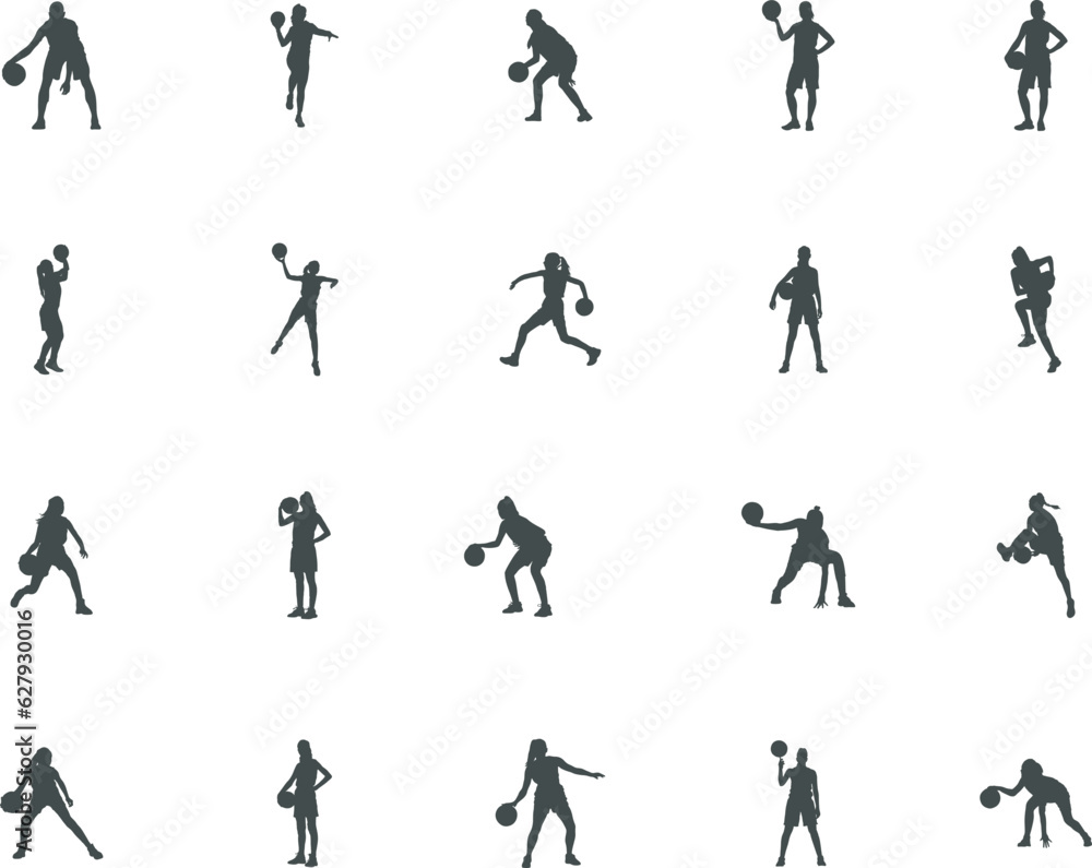 Woman basketball silhouette, Basketball player silhouette, Basketball player SVG, Female Player silhouettes, Player icon set. 