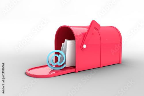 Digital png illustration of red mailbox with letters and at symbol on transparent background