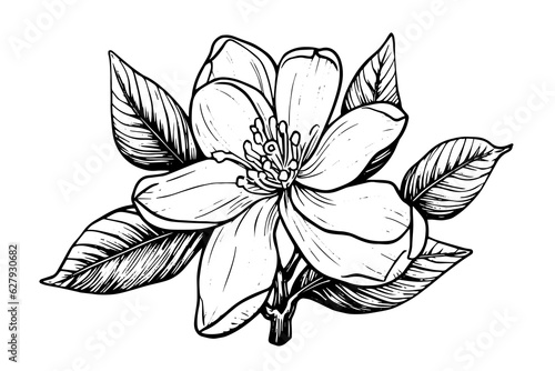 Hand drawn magnolia flower ink sketch. Engraving style vector illustration.