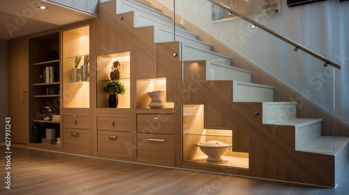 The glossy wooden stairs add a touch of sophistication to the interior design, complementing the overall modern aesthetic.