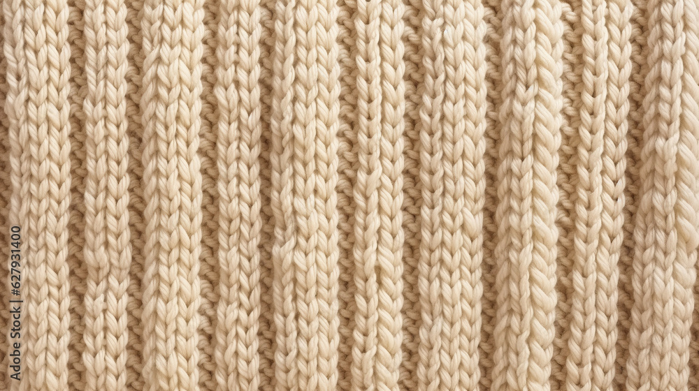 Fototapeta premium The closeup reveals the background texture of beige knitted fabric, showcasing its intricate pattern made from cotton or wool