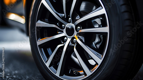 Captured in detail, the car wheel boasts a sturdy black rubber tire designed for smooth driving experience. © rorozoa