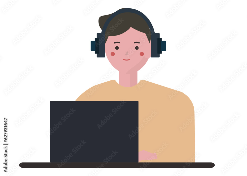 イヤホンをしてパソコン作業をする男性。ベクターイラスト イヤホンをしてパソコン作業をする男性。ベクターイラスト