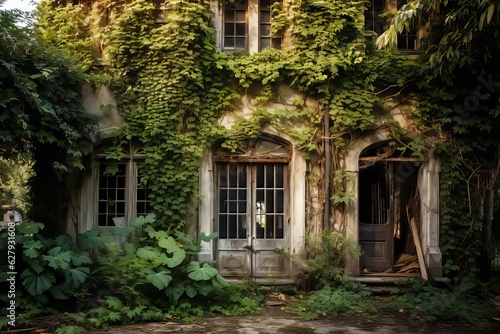 Exterior of an abandoned house  vines crawling up the walls and windows.