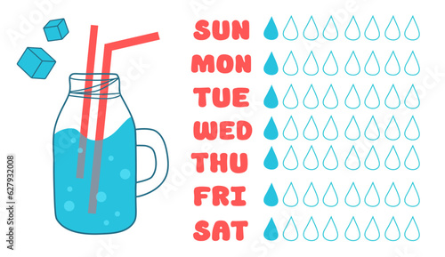 Water tracker template with jar glass and straw. Drinking water checklist. Vector illustration.