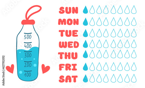 Water tracker template with sport bottle. Drinking water checklist. Vector illustration.