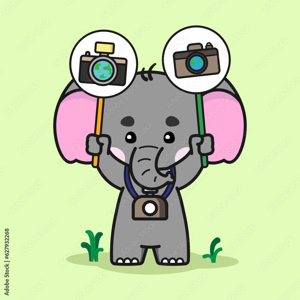 Adorable elephant is rejoicing in World Photography Day. Cute elephant cartoon illustration isolated in green background. Vector illustration. Adorable elephant is rejoicing in World Photography Day. Cute elephant cartoon illustration isolated in green background. Vector illustration.