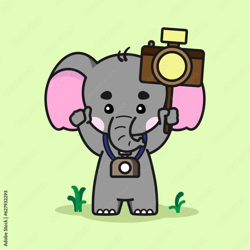 Fototapeta premium Cute elephant is celebrating World Photography Day. Cute elephant cartoon illustration isolated in green background. Vector illustration. Fit for mascot, children's book, icon, t-shirt design, etc.