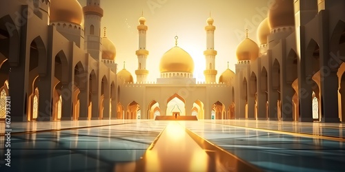 illustration of the beautiful shiny mosque and ramadan islamic culture icon and with beautiful sun light, The landmark, generative AI © Lucky Ai