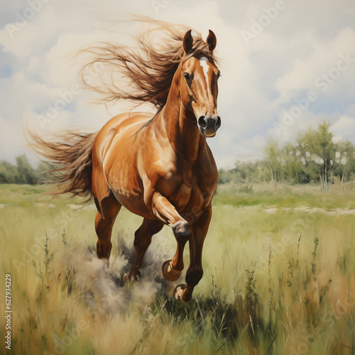 草の上を走る馬　Generative AI © ayame123
