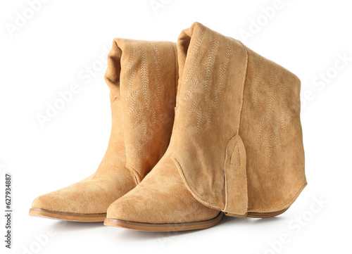 Suede cowboy boots isolated on white background
