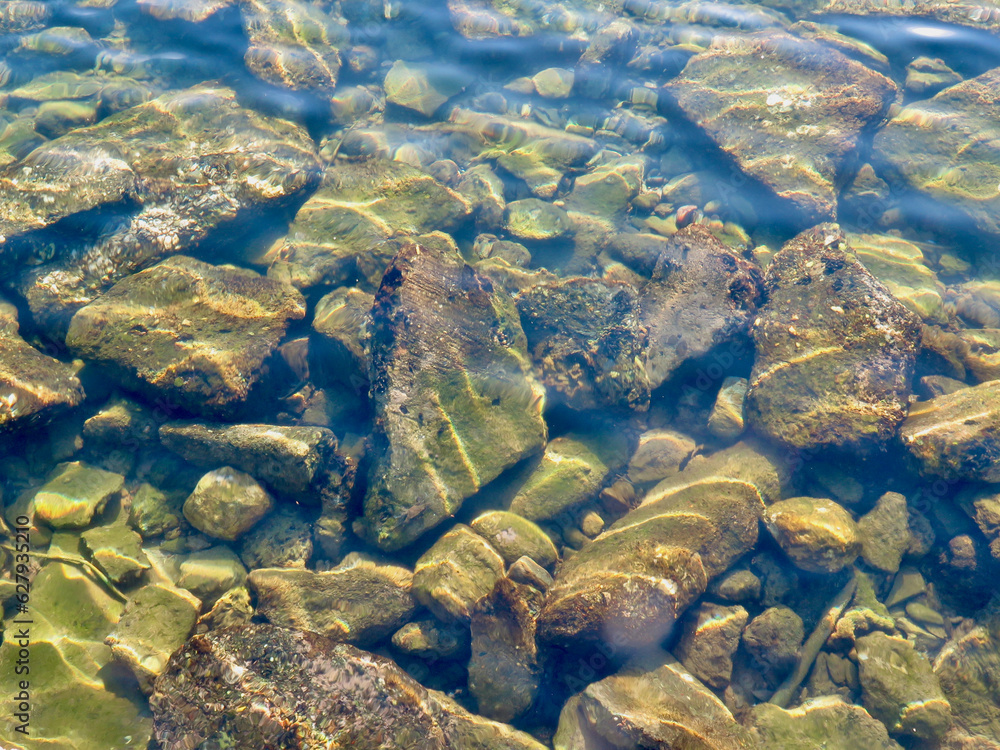 Stones in water. Sea stones in shallow water. View of the rocks at the bottom of the pond through the water.