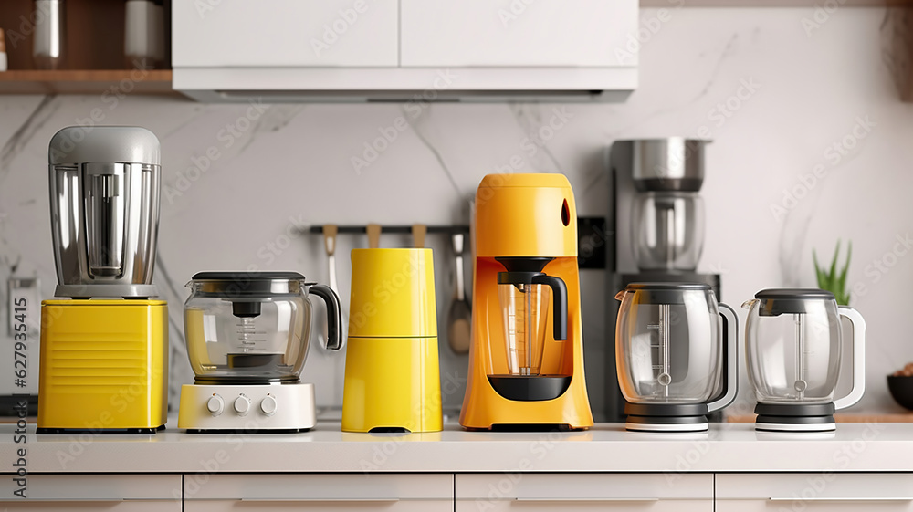 Cookware, a blender, a juicer, and a blender are stored in the kitchen