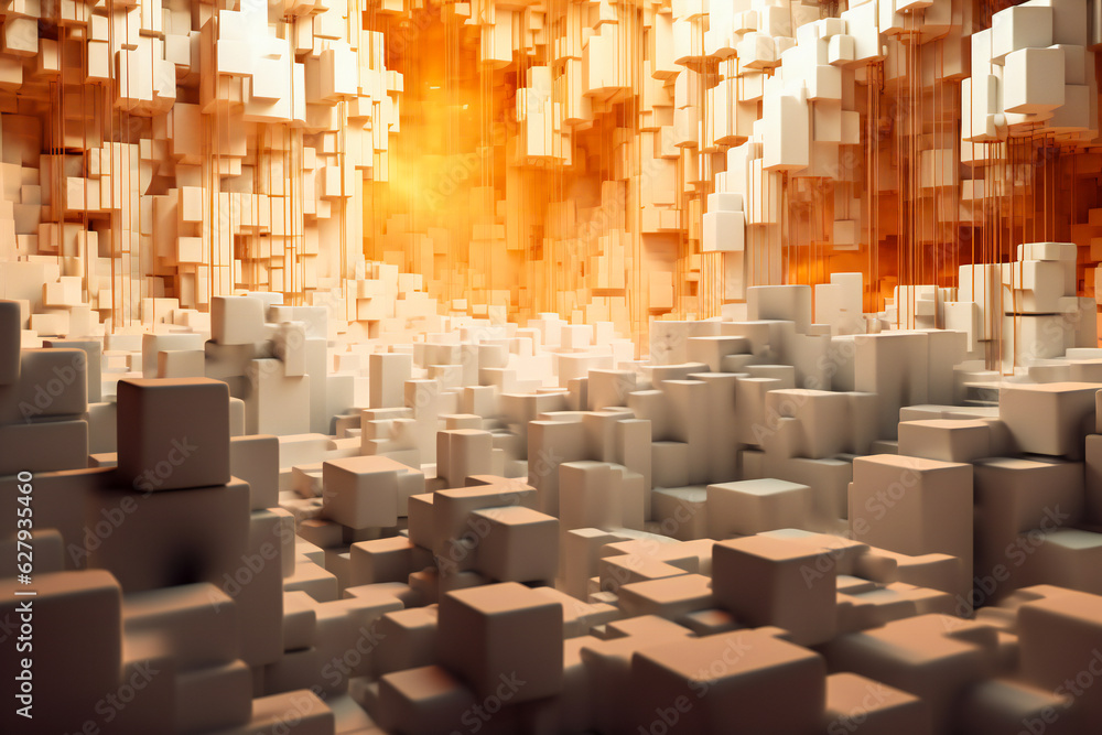 Fototapeta premium Abstract three dimensional white cube scene illuminated in orange light