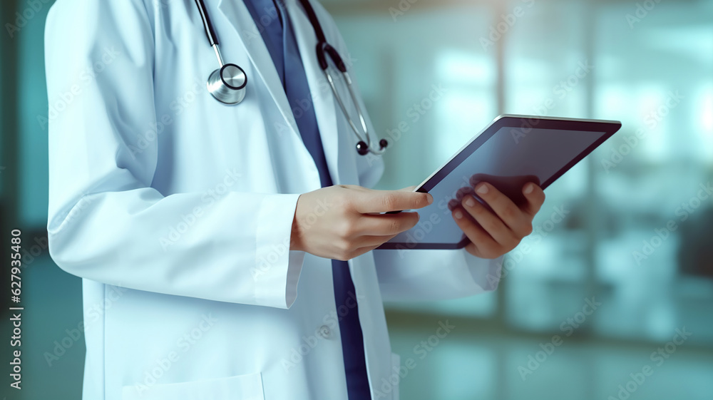 doctor is holding a tablet and using it at the hospital doctor is holding a tablet and using it at the hospital
