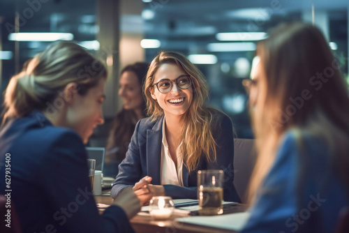 Friendly informal business meeting, business people laughing together