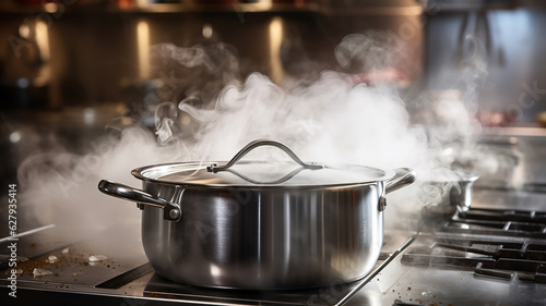 stainless pot in the kitchen emits rising steam