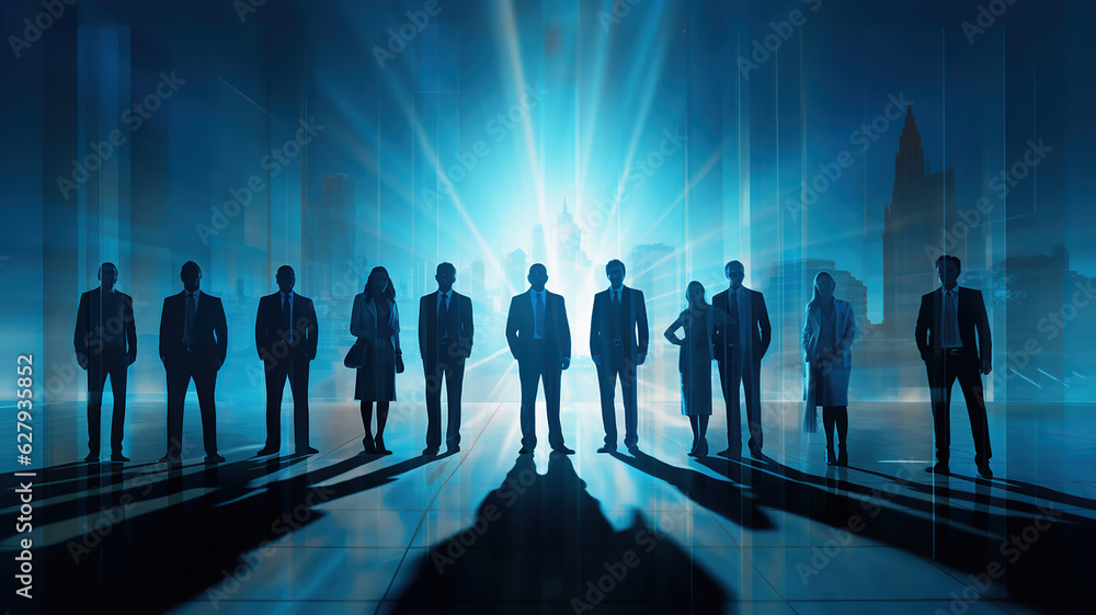 The lit background highlights a group of outlined business people