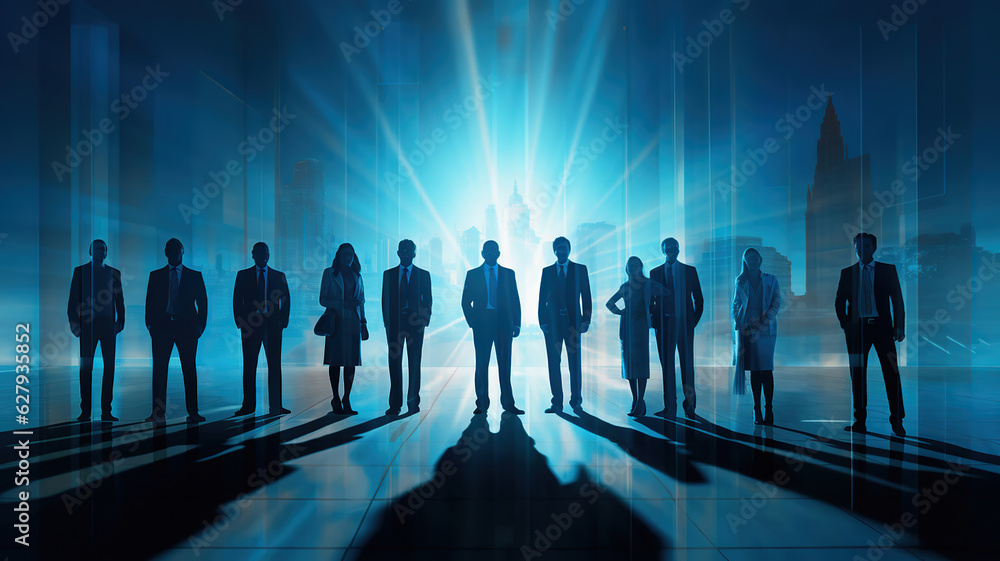 The lit background highlights a group of outlined business people The lit background highlights a group of outlined business people