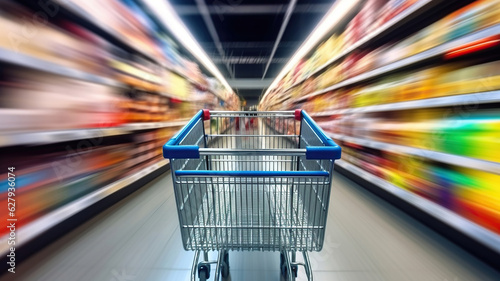 A shopping cart appears blurry while in the aisle