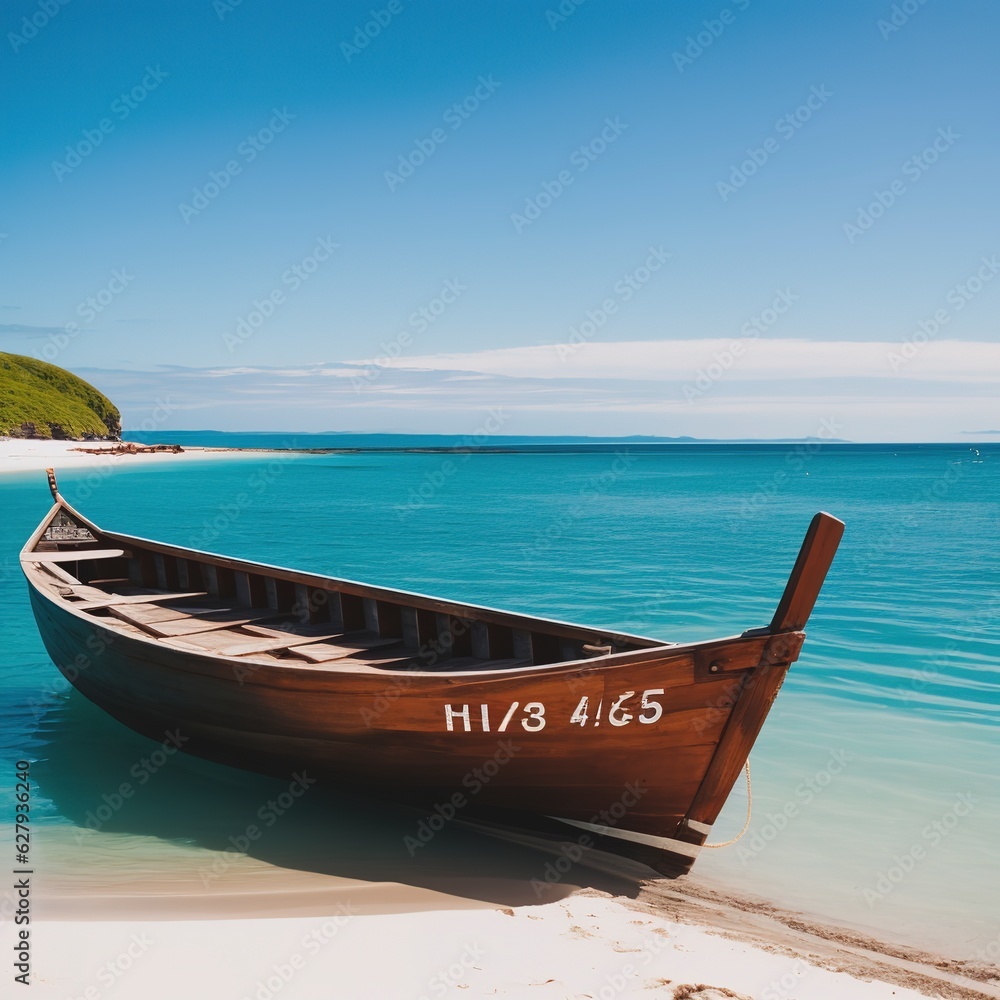 Wooden boat parked on the sea, white beach on a clear blue sky, blue sea