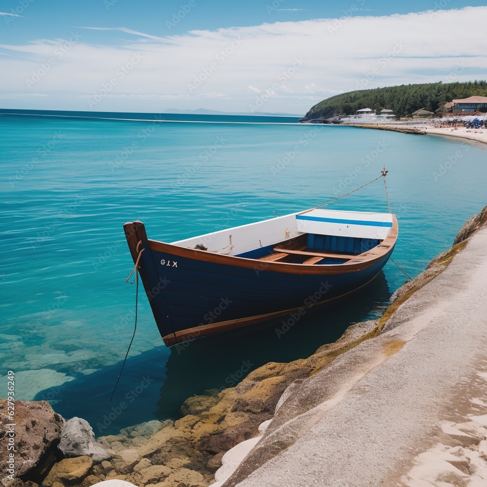 Wooden boat parked on the sea, white beach on a clear blue sky, blue sea