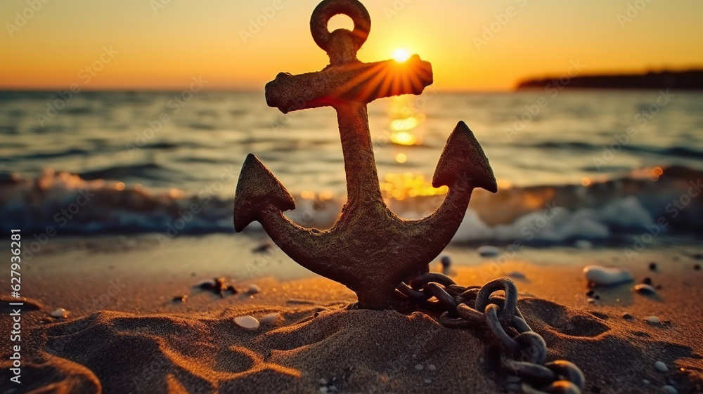 Fototapeta premium An anchor is on the beach with a sunset behind it