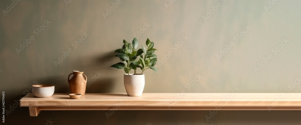 Cream color wall mock up with vase and green plant, created with generative AI Cream color wall mock up with vase and green plant, created with generative AI