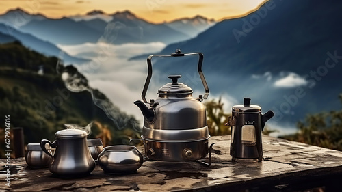 cooking pot with coffee and tea sits on the grill, set against the backdrop of majestic mountains