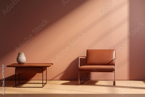 The Comfort of Home, Hazy Light, Leather Chair, and the Warmth of Light Orange and Bronze Minimalist, generative ai