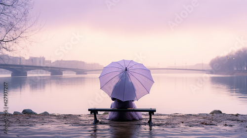 woman is sitting with an umbrella under the sky  overlooking the water by a bridge