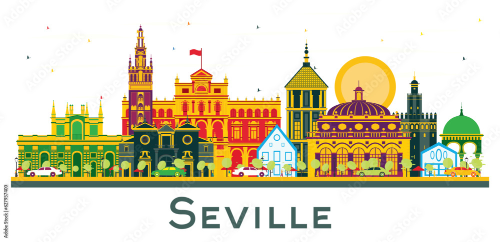 Seville Spain City Skyline with Color Buildings Isolated on White.
