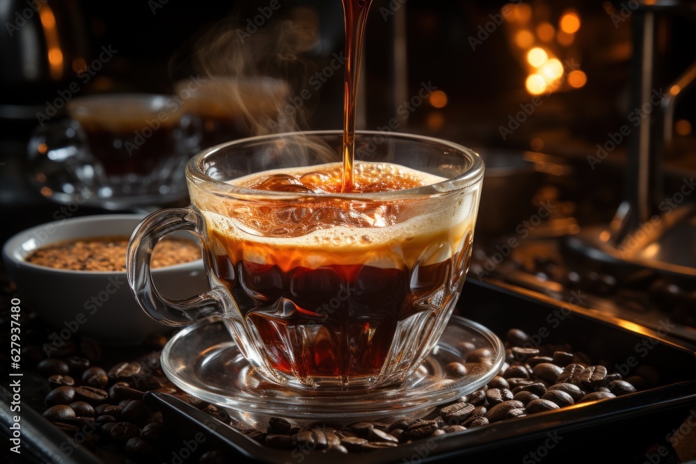 Up close of espresso poured from a professional coffee maker Up close of espresso poured from a professional coffee maker