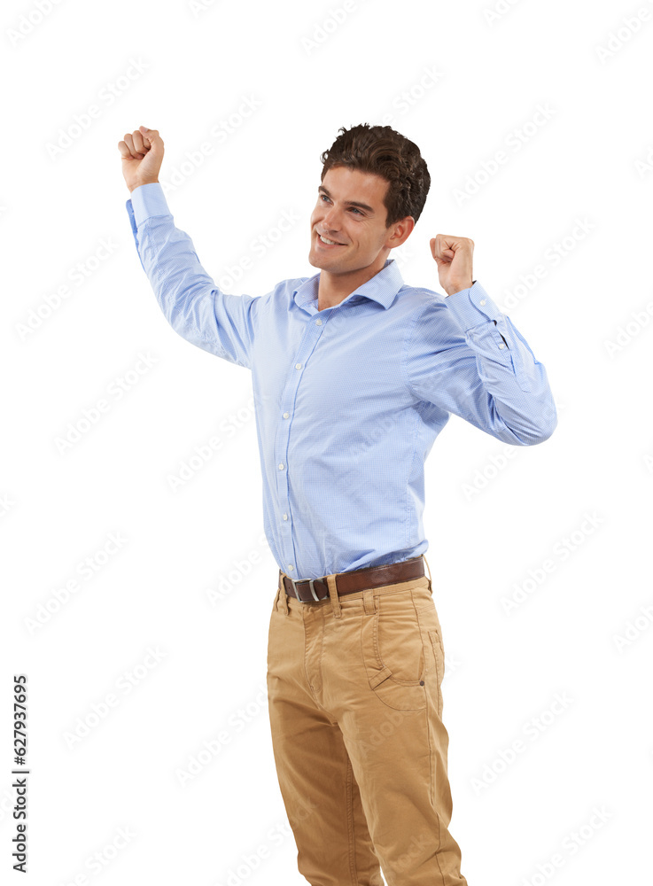 Winner, success and business man with celebration and happy bonus, news or profit achievement. Sales, target or power of corporate person or model with fist isolated on a transparent, png background Winner, success and business man with celebration and happy bonus, news or profit achievement. Sales, target or power of corporate person or model with fist isolated on a transparent, png background