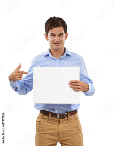 Business man, poster mockup and presentation for advertising job opportunity, news and announcement. Portrait of professional person pointing to card space isolated on a transparent, png background
