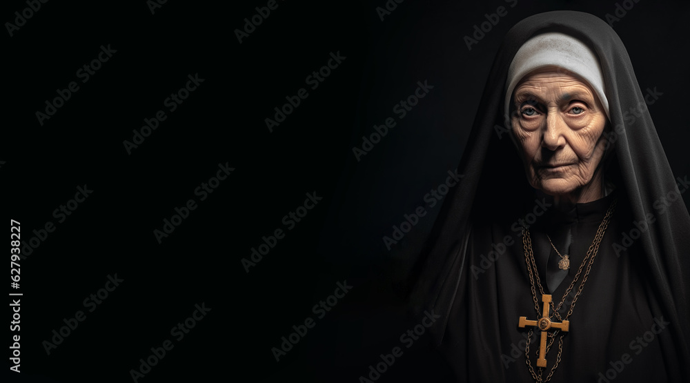 Close up portrait of a mature nun with big golden cross isolated in black background, copy space Close up portrait of a mature nun with big golden cross isolated in black background, copy space
