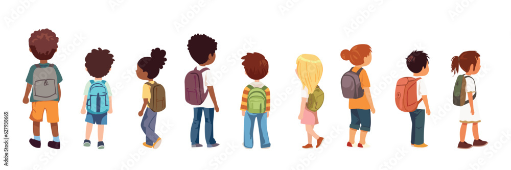 Back to school children back view. Little boys and girls go to school isolated on white background. They hold hands. Children with backpacks illustration isolated on white, back view. Back to school children back view. Little boys and girls go to school isolated on white background. They hold hands. Children with backpacks illustration isolated on white, back view.