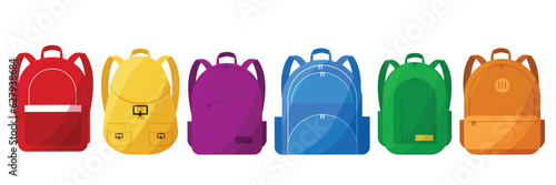 Set of school backpack in row. Colored closed school backpack. Education and study back to school, schoolbag. Backpacks with study supplies. Student satchels