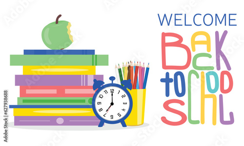 Welcome back to school vector banner with school supplies, education elements and colorful text in textured white paper in green background. Vector illustration.