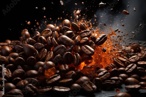 The explosion of ground coffee with roasted beans on black background