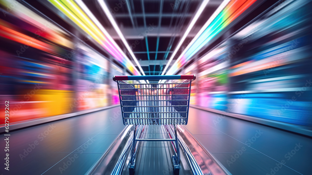 A shopping cart is blurred in an aisle - obrazy, fototapety, plakaty 