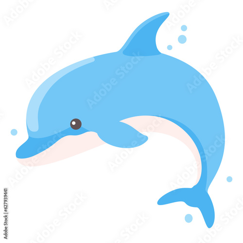 Children's flat vector illustration on white background. Cute blue dolphin . Vector illustration
