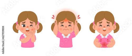 a white girl has a toothache, headache, stomachache. illustration cartoon character vector design on white background. kid and health care concept.