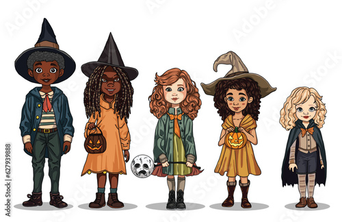 Enchanting Halloween Party - Group of Children Celebrating in Colorful Costumes.halloween illustration vector on white background