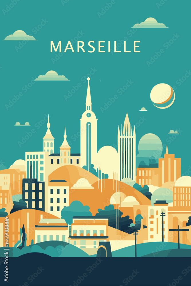 France Marseille retro city poster with abstract shapes of skyline, landmarks and port. Vintage cityscape travel vector illustration of Provence-Alpes-Côte d'Azur.