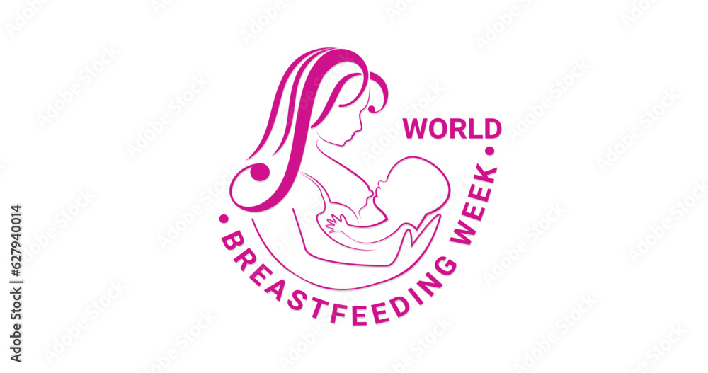 World Breastfeeding Week Design with outline style for loving long-haired mom holding her baby and breastfeeding. Mother and baby Logo Design. Great for posters, stickers, and banners
